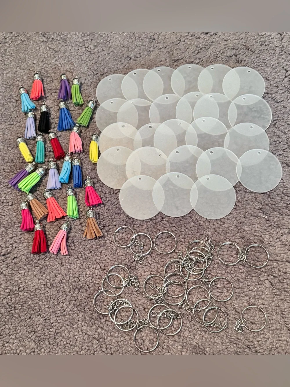 Blank White Acrylic Keychain Discs with Assorted Tassels - Unbranded